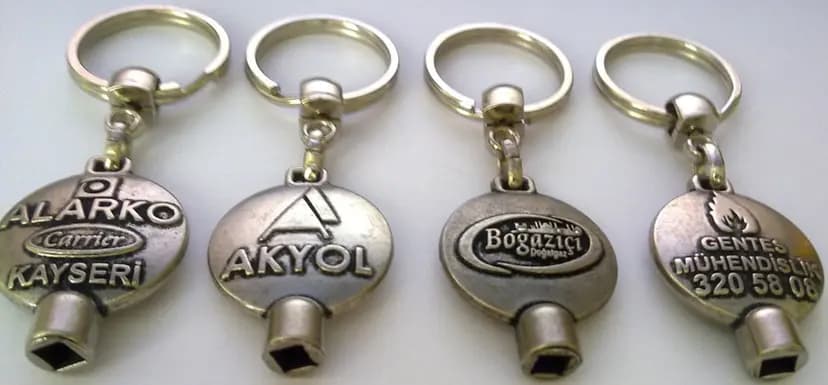 promosyon dört gümüş metal anahtarlık, üzerlerinde farklı firma adları baskılı, beyaz arka plan