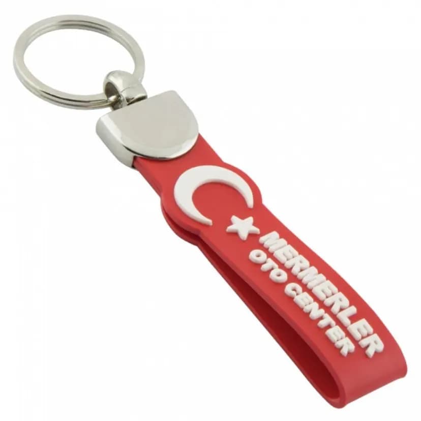 Kırmızı silikon anahtarlık, metal halka ve Türk bayrağı detayı. - Promosyonbank