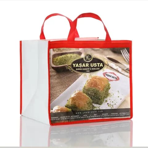 promosyon beyaz tela çanta, kırmızı kulp ve kenar şeridi, kırmızı oval logo baskısı