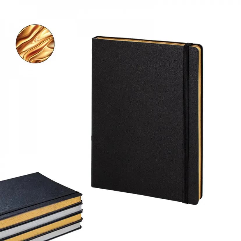 Siyah kapaklı, doku detaylı, altın kenarlı defter ürünü. - Promosyonbank - görsel 2