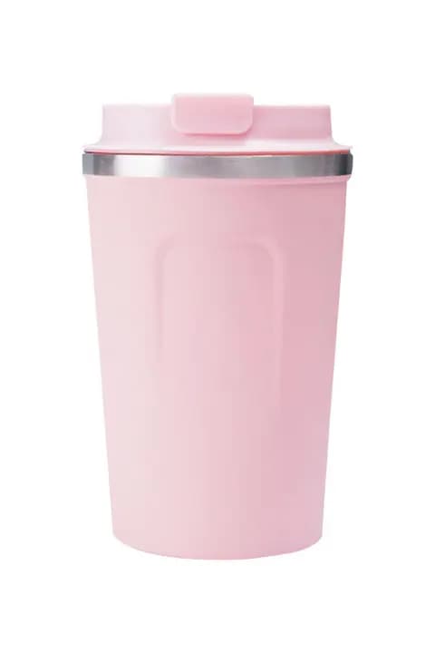 promosyon pembe gövdeli kaydırmalı kapaklı termos, mat yüzey, beyaz fonda önden çekim