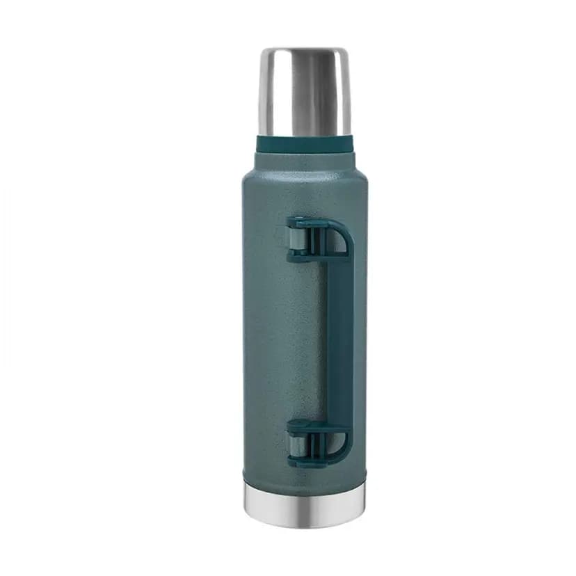 promosyon petrol yeşili termos 1450 ml, gümüş kapak ve yan tutamaklı
