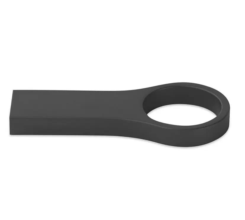 promosyon siyah mat metal USB bellek, tek parça dikdörtgen gövde ve yuvarlak halka, yazısız