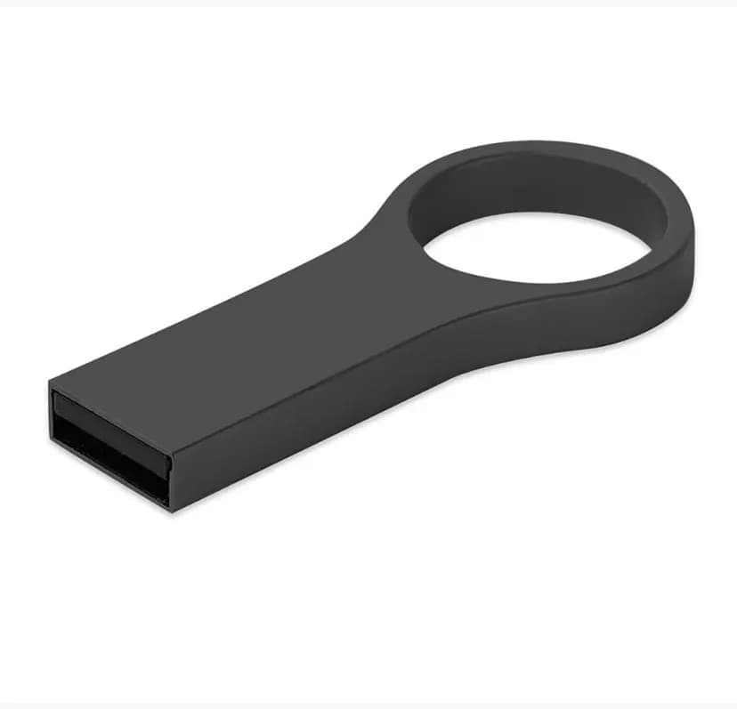 promosyon siyah mat USB bellek, dikdörtgen gövde, yuvarlak halkalı uç, yazısız, beyaz zemin