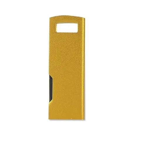 Simli altın renkli USB bellek, parlak yüzey ve sürgülü mekanizma; promosyon ürünü