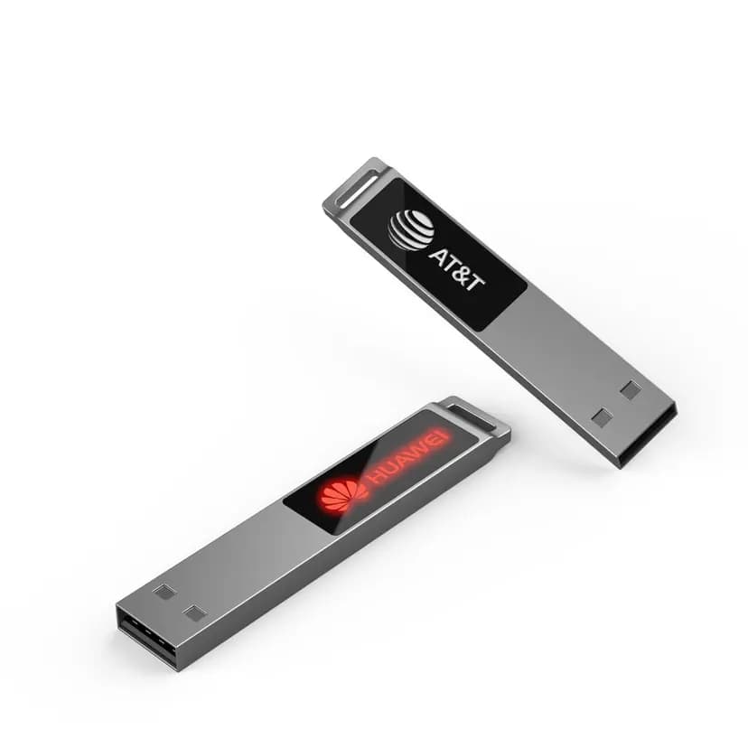 promosyon iki adet ince USB bellek, beyaz yazı ve kırmızı ışıklı logo baskısı