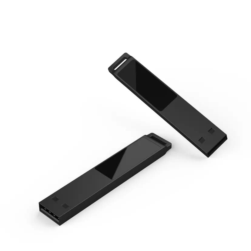 promosyon iki adet mat siyah USB bellek, parlak üst panel ve askı deliği