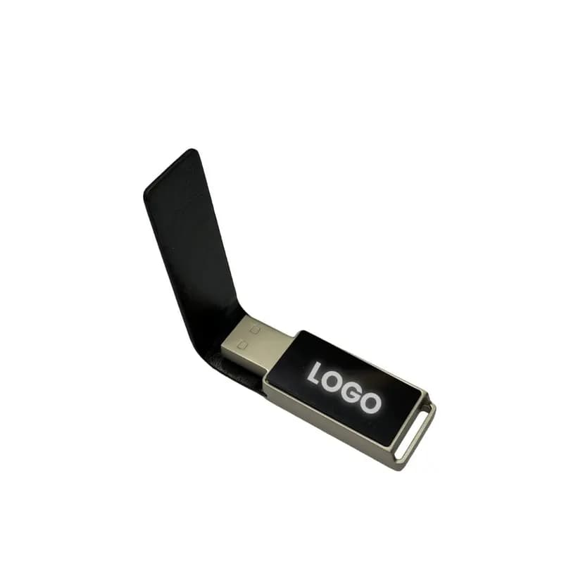 promosyon siyah deri kapaklı USB bellek, beyaz marka yazısı baskılı