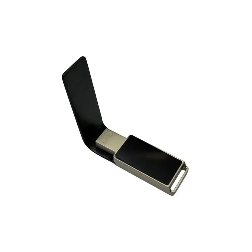 promosyon siyah deri kapaklı USB bellek, açık kapak ve gümüş metal uç