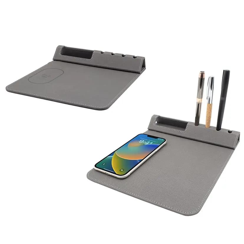 Şık tasarıma sahip, kablosuz mousepad; telefon ve kalem tutucu ile pratik kullanım sağlar.