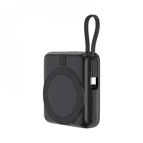 Promosyon siyah powerbank üç açıdan, oval manyetik alan ve dokuma askı