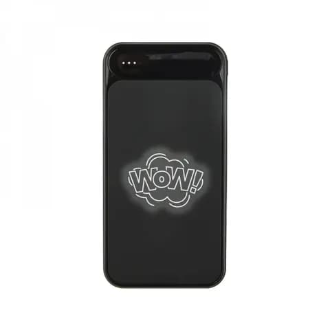 Promosyon siyah powerbank, dört kademeli şarj göstergesi ve ışıklı logo alanı