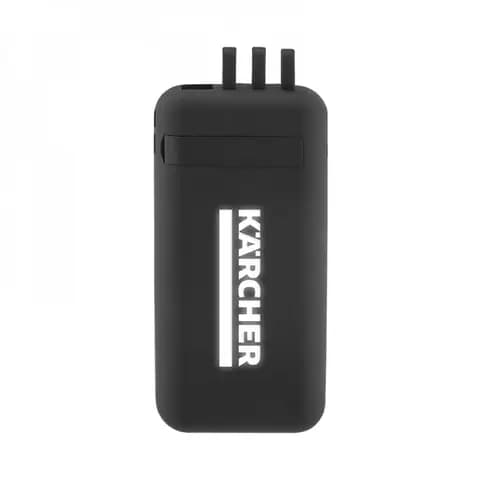 Promosyon siyah powerbank, üst kısmındaki üç pimli priz yapısıyla