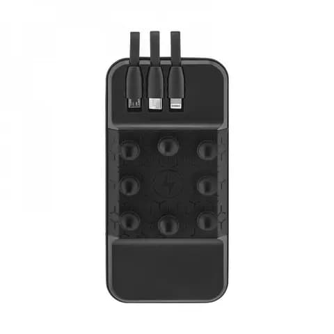 Promosyon siyah powerbank, dokuz vantuzlu yüzeyi ve ortadaki şimşek simgesiyle