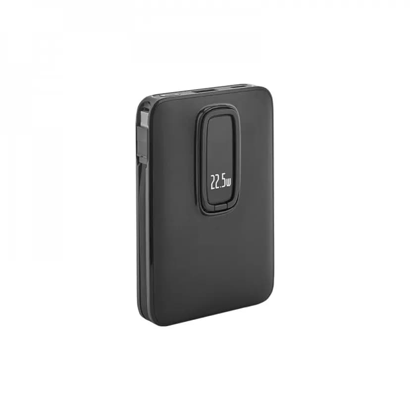 Siyah promosyon powerbank, oval göstergede 22.5W ve yanda entegre kablo