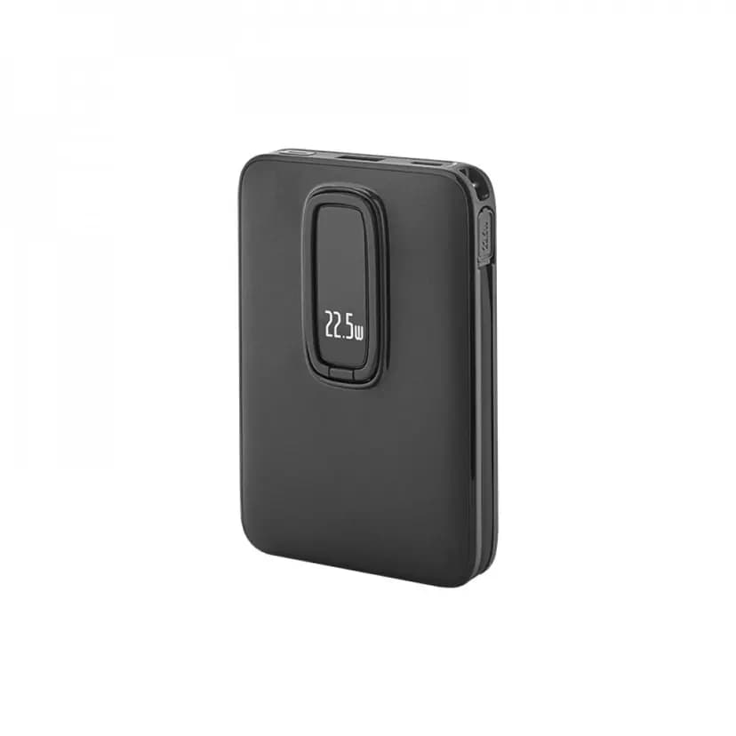 Siyah mat promosyon powerbank, oval ekranlı ve 22.5W göstergeli