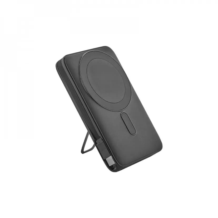 Siyah promosyon powerbank, dairesel kablosuz alan ve kısa USB C kablo