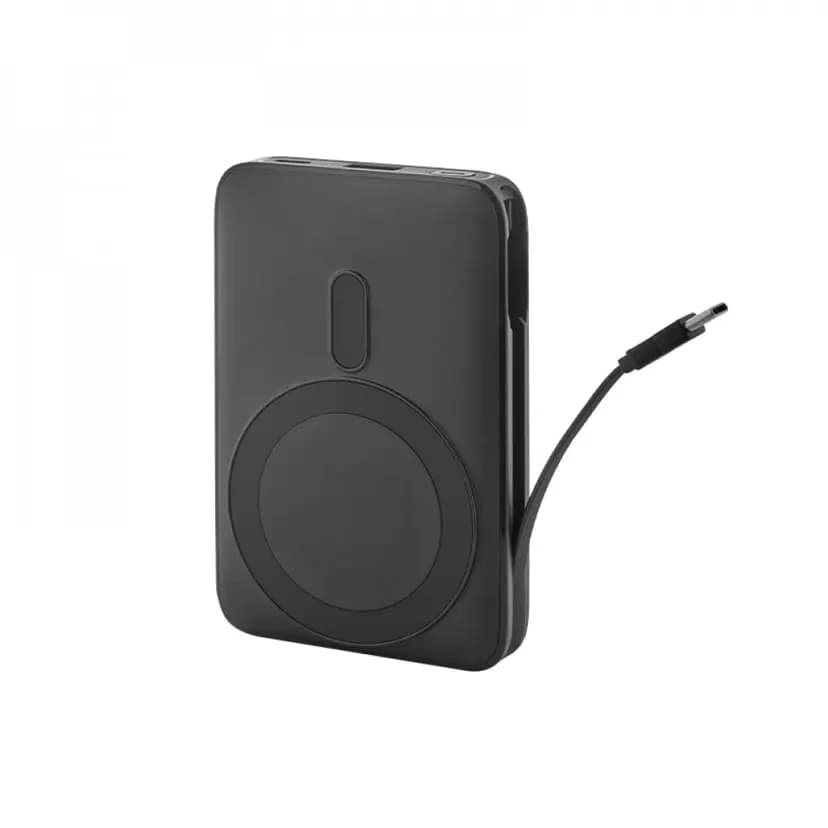 Siyah promosyon powerbank, yuvarlak kablosuz şarj alanı ve yan kablo