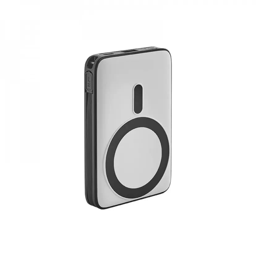 Beyaz promosyon powerbank, siyah halkalı ve 25 cm kayış etiketli
