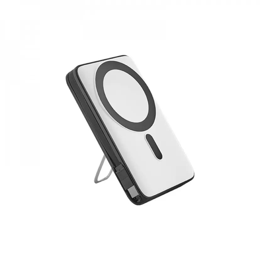 Beyaz promosyon powerbank, açık katlanır stant ve siyah şarj halkası