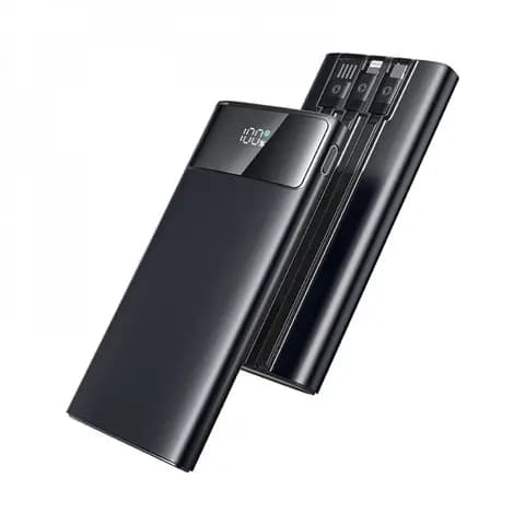 Promosyon iki adet siyah powerbank, biri dijital göstergeli diğeri kablolu yüzüyle