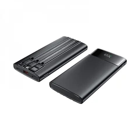 Promosyon powerbankin yan yüzündeki dört giriş, kırmızı USB çıkışıyla birlikte