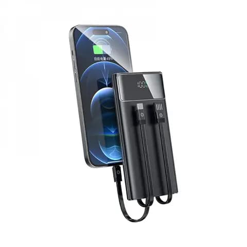 Promosyon powerbank telefona kabloyla bağlı, gövdesinde iki gömülü kablo ucu