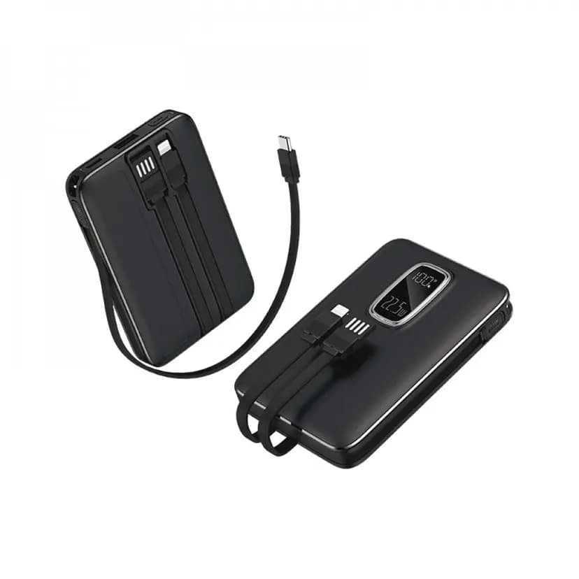 Promosyon siyah gövdeli 22.5W hızlı şarj powerbank, dijital şarj göstergesi ve gömülü kablolarla