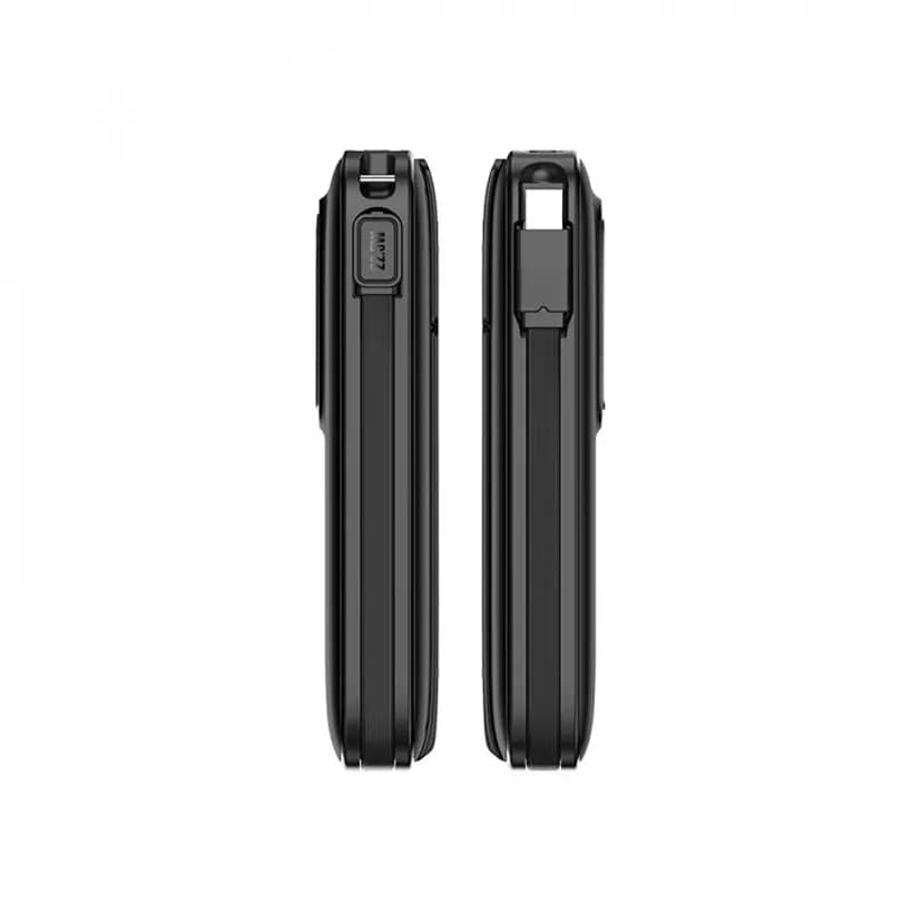 Promosyon ince siyah powerbank yan görünüm, güç düğmesi ve kayar kapaklı giriş bölmesi detayı