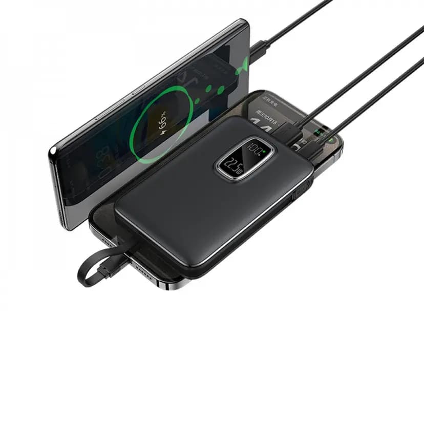 Promosyon siyah powerbank dahili kablosuyla telefonu şarj ederken, gövdede 22.5W dijital gösterge