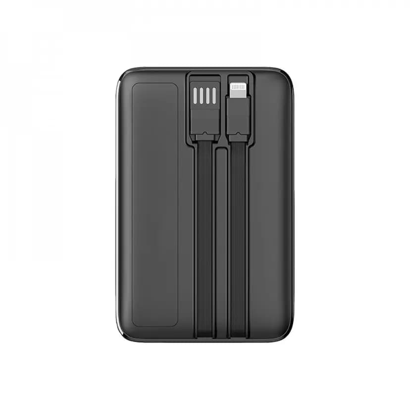 Promosyon mat siyah powerbank arka yüzü, gövdeye gömülü iki adet şarj kablosu birlikte görünüyor