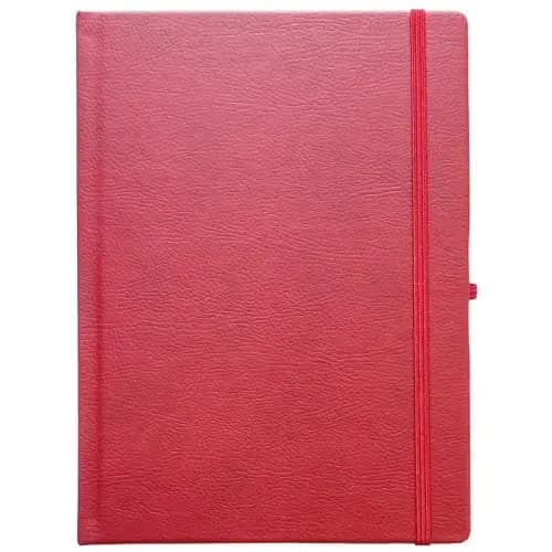 promosyon kırmızı dokulu defter, sağda dikey lastik bant ve kalem halkası, yazısız, beyaz zemin