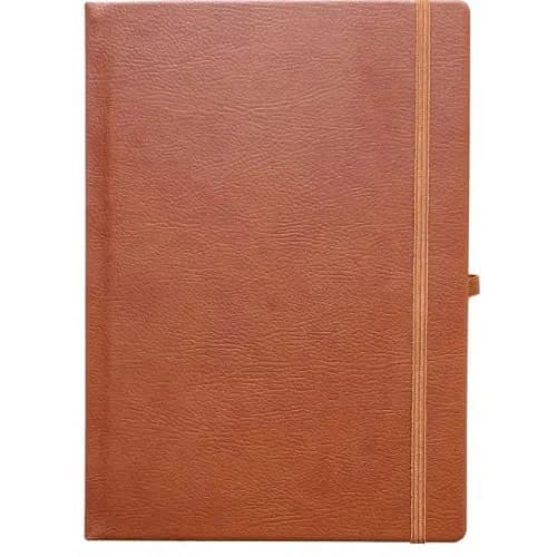 promosyon kahverengi dokulu defter kapağı, sağda lastik bant ve kalem tutucu, beyaz arka plan