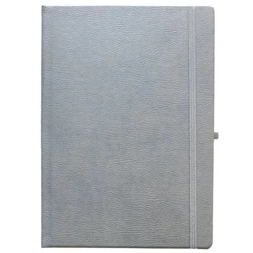 promosyon açık gri dokulu defter, sağ kenarda lastik bant ve kalem halkası, beyaz arka plan