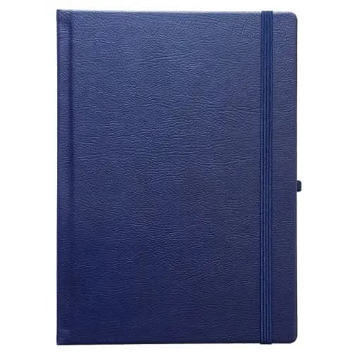 promosyon lacivert dokulu defter kapağı, sağda dikey lastik bant, yazısız, beyaz arka plan