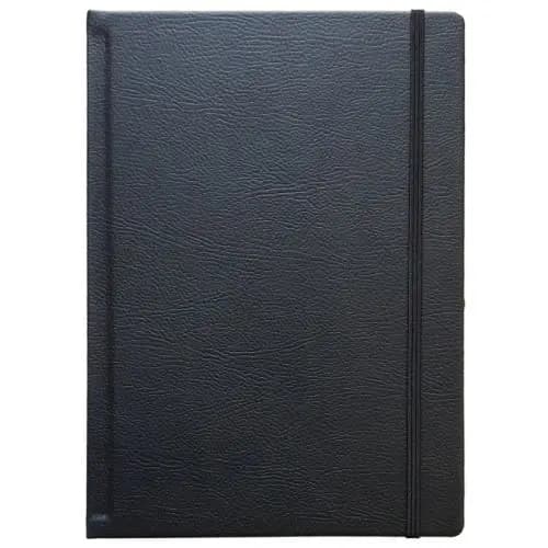 promosyon siyah deri dokulu defter kapağı, sağda dikey lastik bant, yazısız, beyaz zemin