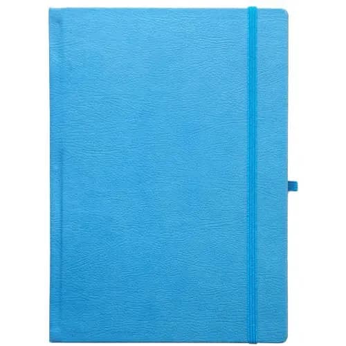 promosyon mavi deri görünümlü defter, lastik bantlı, kalem halkalı, yazısız, beyaz arka plan