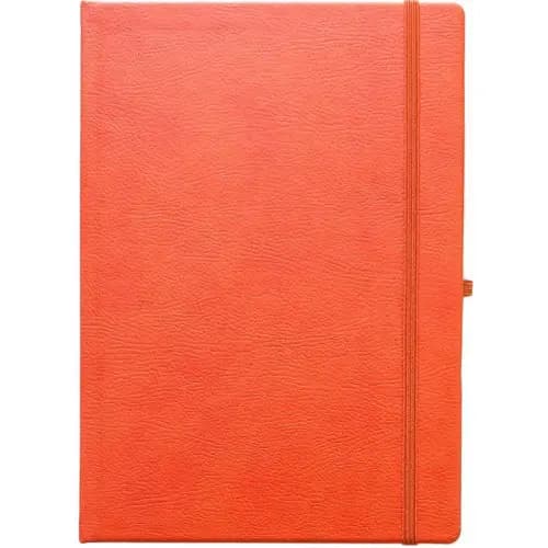 promosyon turuncu dokulu defter, sağda dikey elastik bant ve küçük halka, yazısız, beyaz zemin