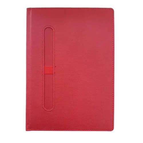 promosyon kırmızı deri dikişli defter, sol dikey yarıkta yatay lastik bant, yazısız, beyaz zemin