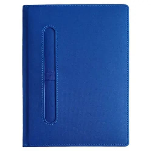 promosyon mavi dokulu defter, dikişli kenarlar, sol yanda dikey kalem tutucu, tek adet, beyaz zemin