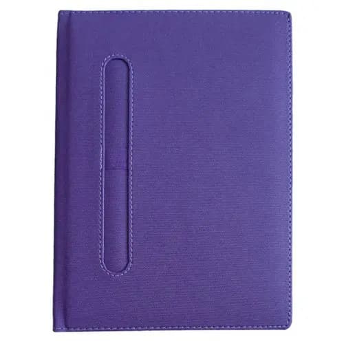 promosyon mor dokulu defter kapağı, dikişli kenar, solda oval kesik ve şerit detay, yazısız
