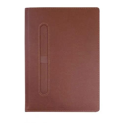 promosyon kahverengi deri görünümlü kapaklı defter, dikey kalem halkalı, tek adet, beyaz zemin