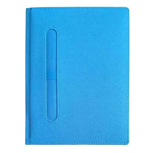 promosyon mavi deri görünümlü defter, dikişli, dikey kalem cepli, baskısız, beyaz arka plan