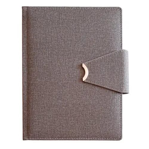 promosyon gri kumaş kaplı defter, sağ yanda kavisli kapakçık, tek adet, yazısız, beyaz zemin