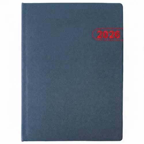 promosyon koyu mavi kumaş kaplı ajanda, üzerinde kırmızı çerçeveli 2026 yazısı, beyaz arka plan