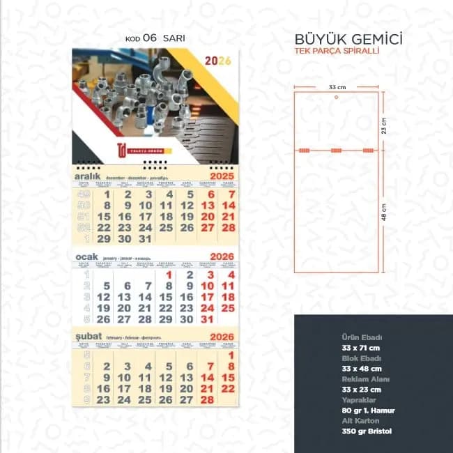 Büyük gemici takvimi, sarı renkli, spiral, 80 gr hamur kağıt. - Promosyonbank