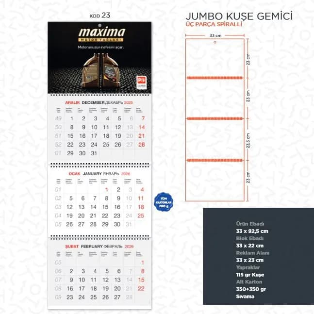 Jumbo kuşe gemici takvimi, 3 parçalı, spiral, 350 gr kuşe kağıt. - Promosyonbank