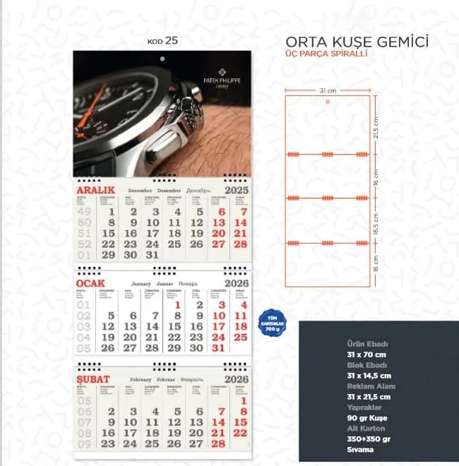 Orta kuşe gemici takvimi, üç parça spiralli, 31x70 cm, kaliteli karton. - Promosyonbank