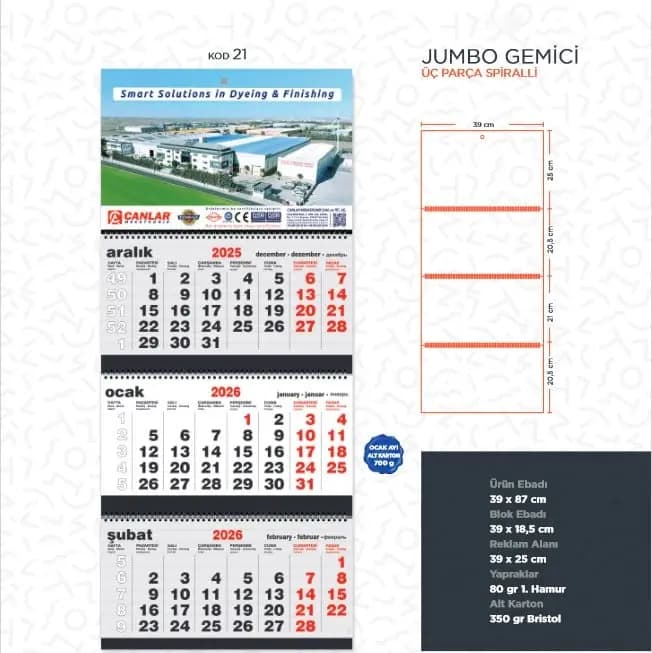 Jumbo gemici takvim, 3 parça spiralli, 350 gr Bristol, renkli ve dayanıklı. - Promosyonbank