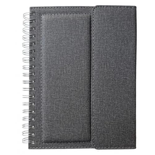 promosyon gri kumaş kaplı telli defter, dikişli ön yüzey, tek adet, yazısız, beyaz arka plan